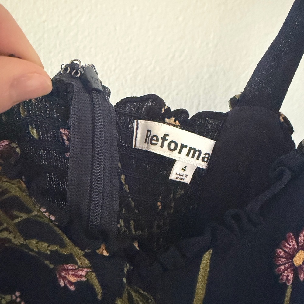 Reformation Navy Floral Tie-Shoulder Midi Dress with Yellow & Pink Blooms - Picture 4 of 5